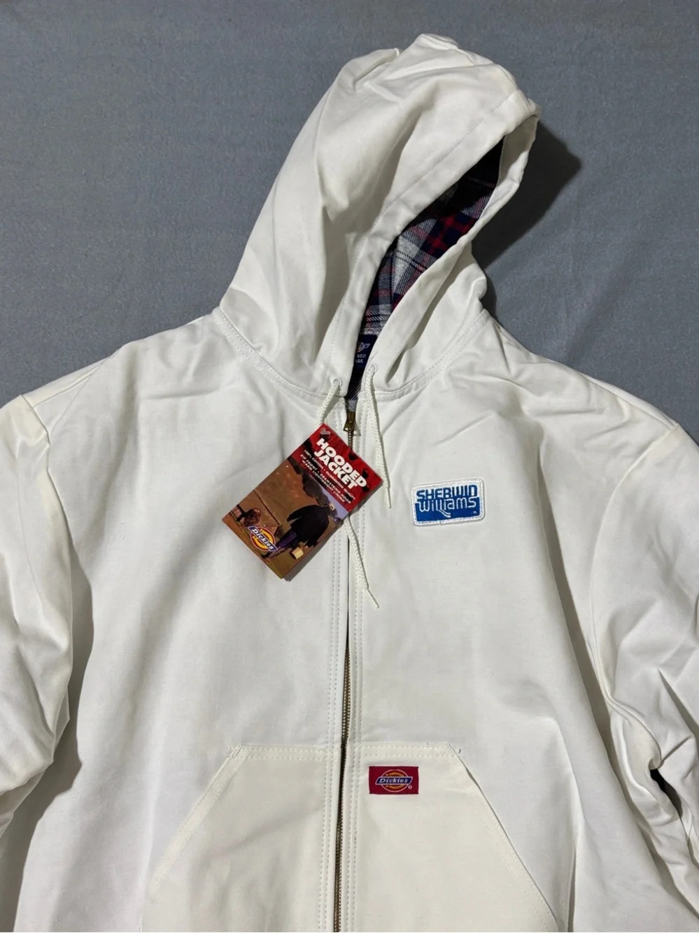 Vintage Shewrin Williams Dickies Bomber Work Jacket Size 2XL White Plaid Lined